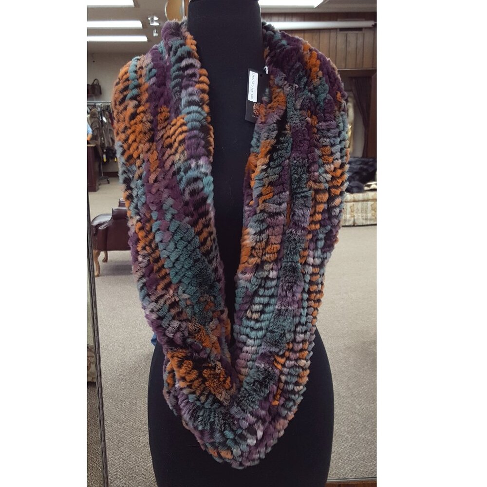 Multicolor Knit Rex Rabbit Fur Infinity Scarf